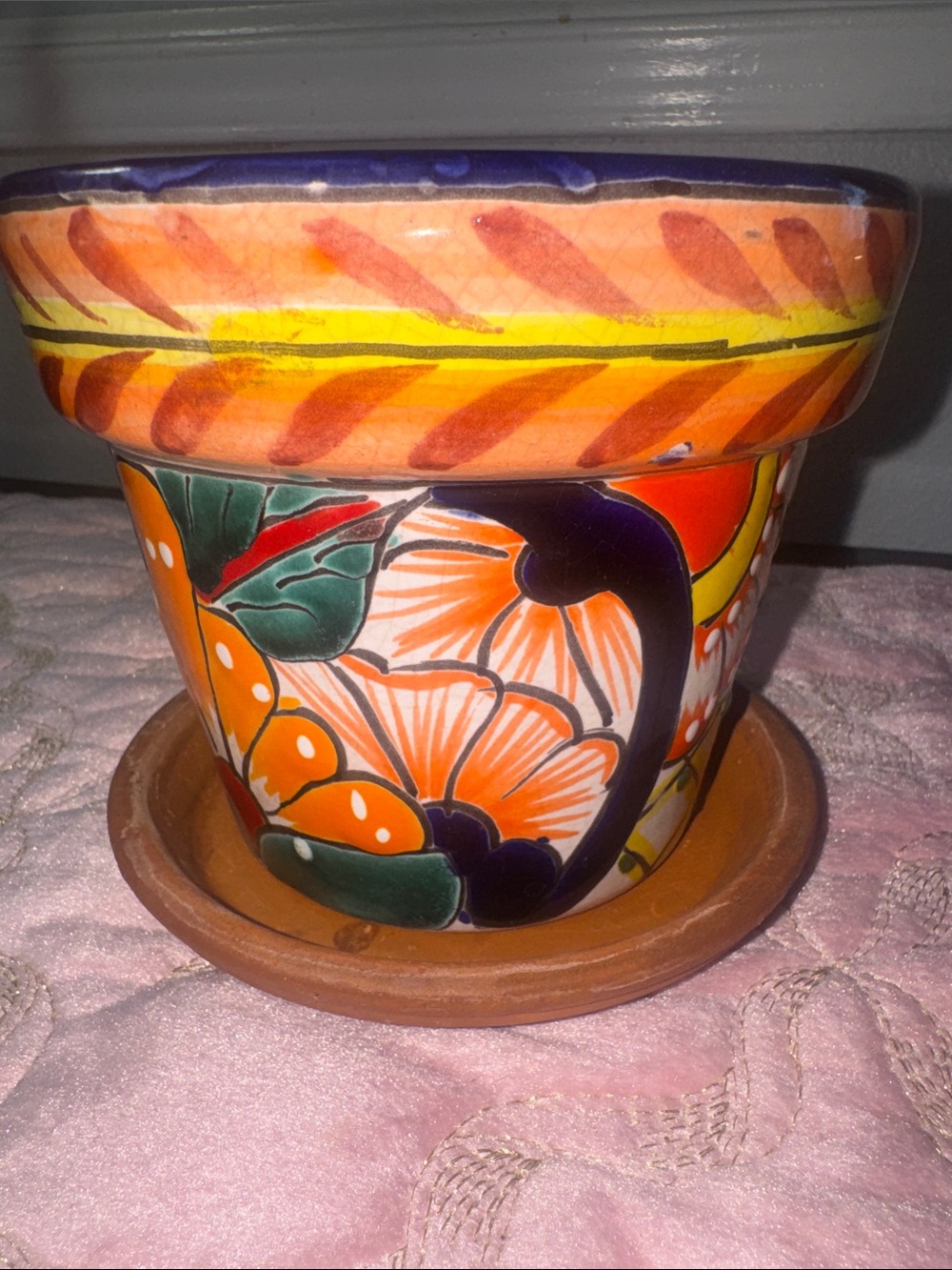 Hand-Painted Orange Floral Talavera Ceramic Planter - Picture 3 of 10